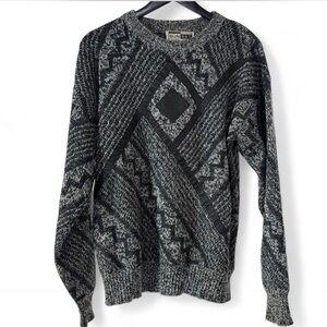 VINTAGE 90s Sunset Highway Leather Insert Patterned Black and Gray Sweater